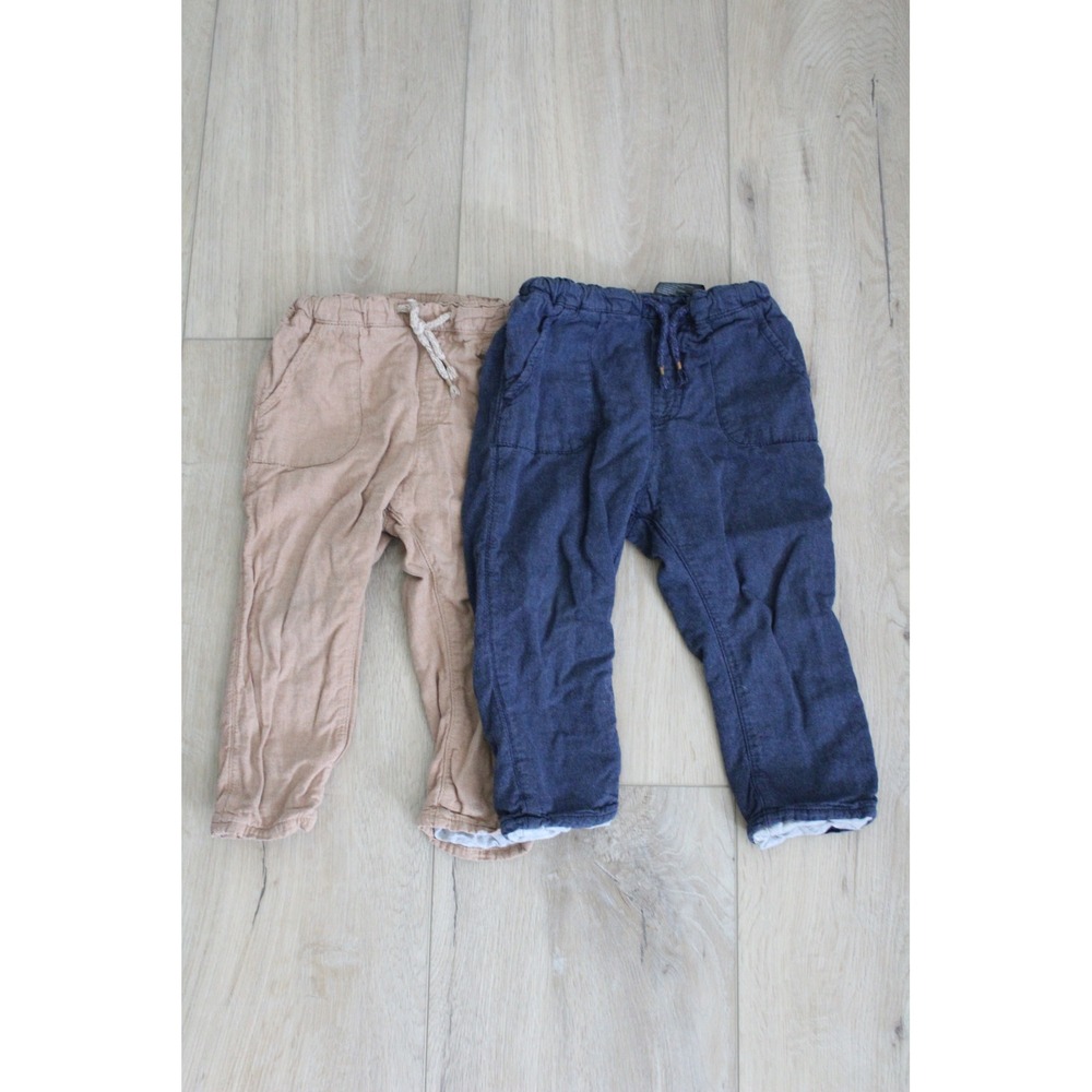 H&M Kids Linen Blend Jersey Lined Jogger Pants Bundle 2 Piece‎ Set Navy Tan 18M